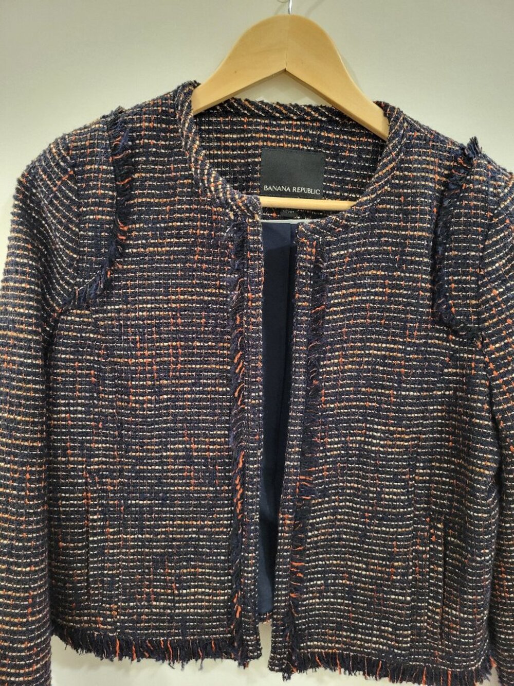 Banana Republic Tweed Fringe Cropped Jacket Multi Bouclé Navy Orange Cream 6P